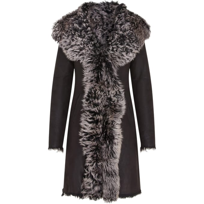 Dames zwarte Toscaanse schapenvacht leren trenchcoat met capuchon - Coast