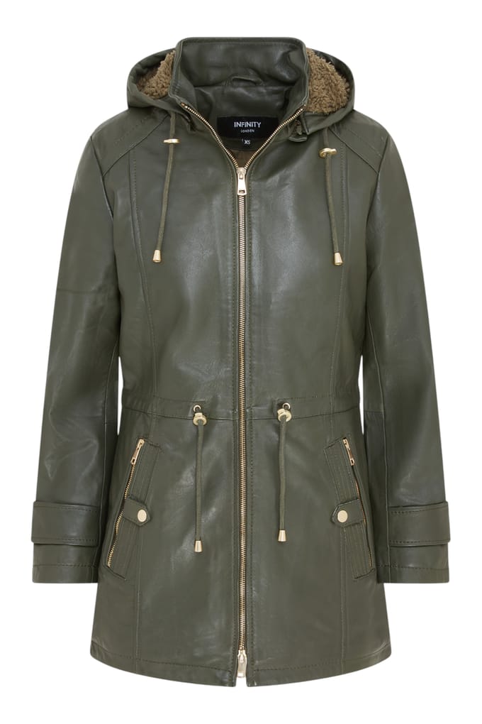 Dames groene leren parka met afneembare borg capuchon en trenchcoat - Trekker