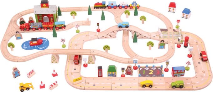 Bigjigs Wooden Train Track and Car Track Set 105dlg.