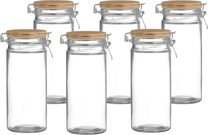 Urban Living Voorraadpot/bewaarpot- 6x - 1,3L - glas - met beugelsluiting - bamboe deksel