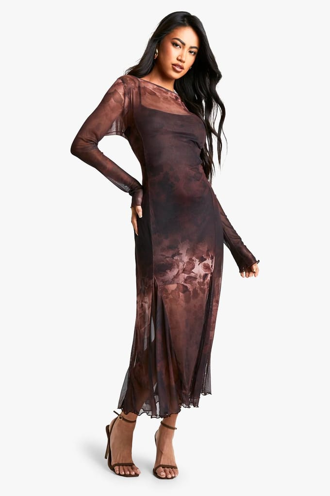 boohoo Dames Florale Godet-zoom Maxi Jurk | Brown | Maat: 10