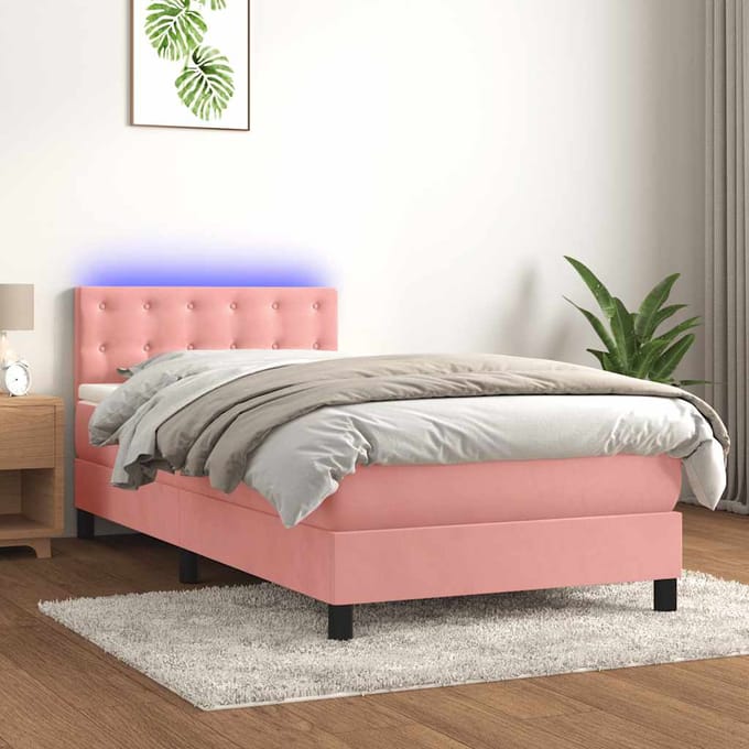 vidaXL - Boxspring - met - matras - en - LED - fluweel - roze - 80x200 - cm