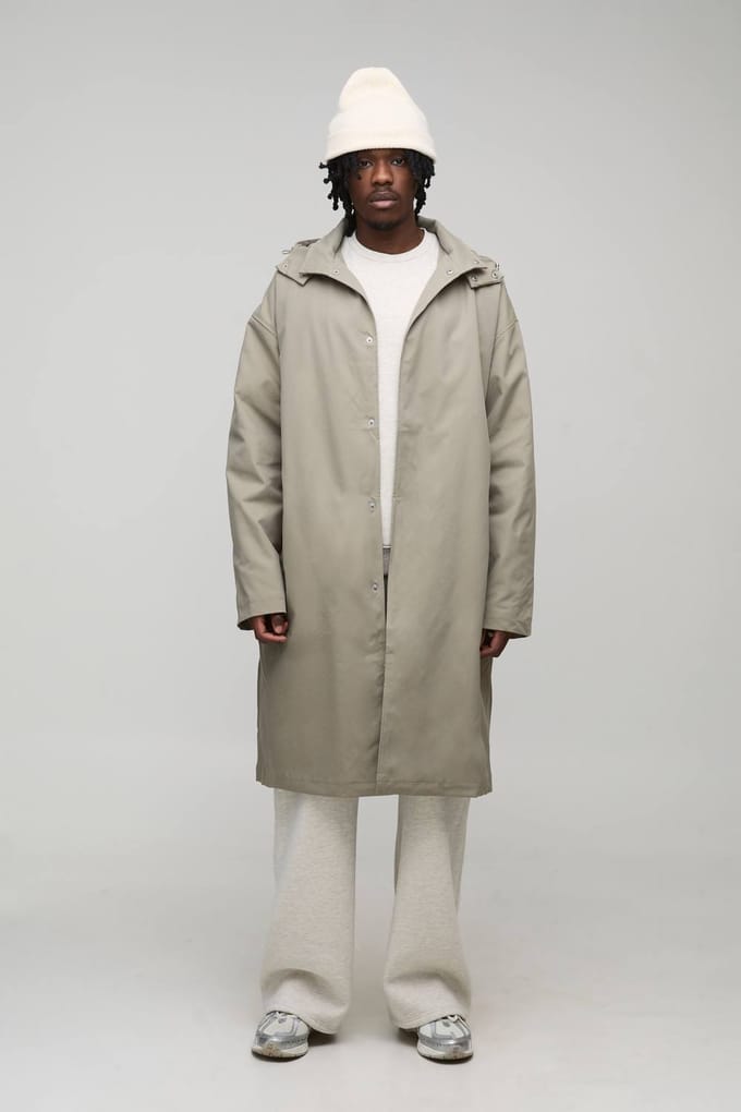 Lang Model Regular Fit Mac met knoopsluiting en capuchon | Stone | Size Medium
