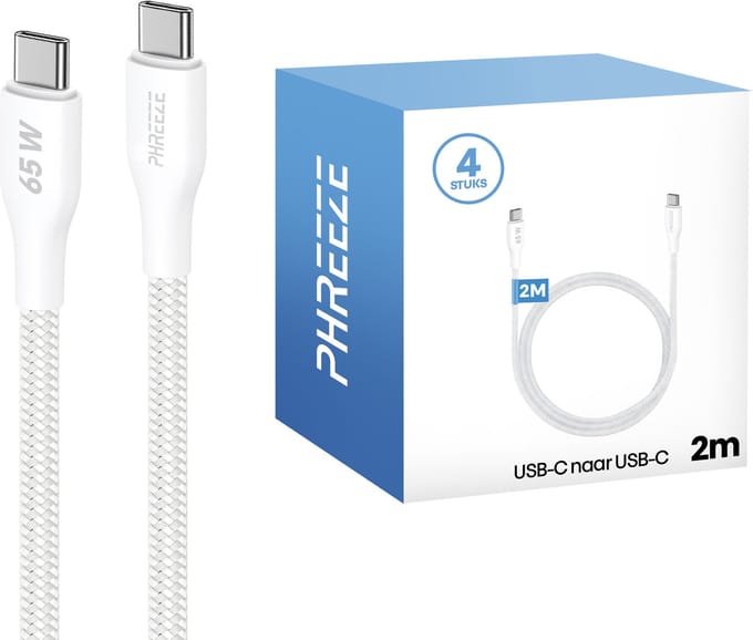 Usb C kabels 2 meter - 4 pack - 65w fast charge & 480mbps data - Stevig nylon - Phreeze