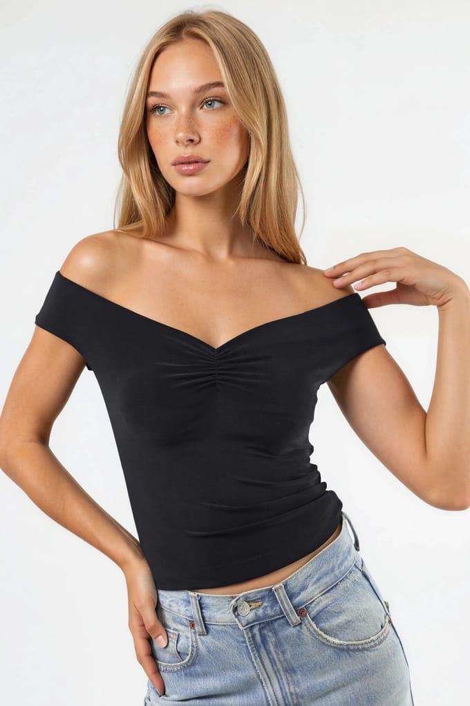 Off Shoulder Strakke Zandkleurige Crop Top