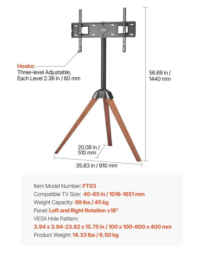 Statief Schildersezel TV-standaard Houten Poten Houdt tot 99 lbs voor 40-65 Inch Schermen