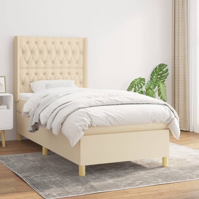 vidaXL - Boxspring - met - matras - stof - crèmekleurig - 90x190 - cm