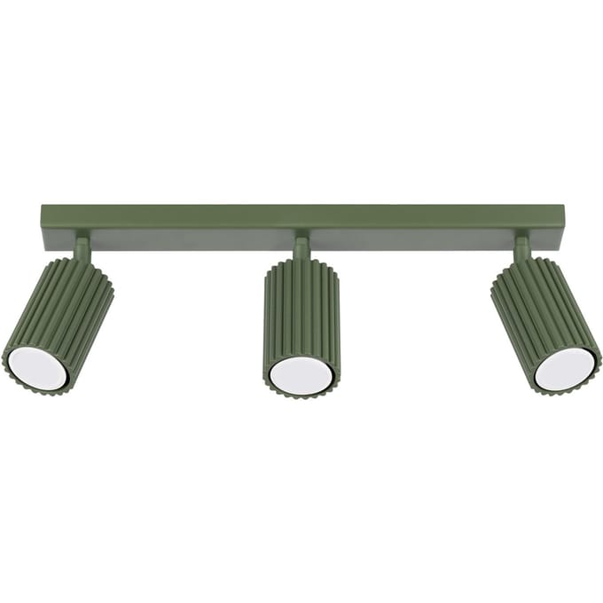 Plafondlamp KARBON 3L met 3 geribbelde spots in lijn - Sollux Lighting - IP20 - Olijfgroen aluminium behuizing - 45 x 6.5 x 16.5 cm - 3 x GU10 LED, exclusief lichtbron - 3 x 10 W - Minimalistische plafondlamp voor slaapkamer, woonkamer en gang