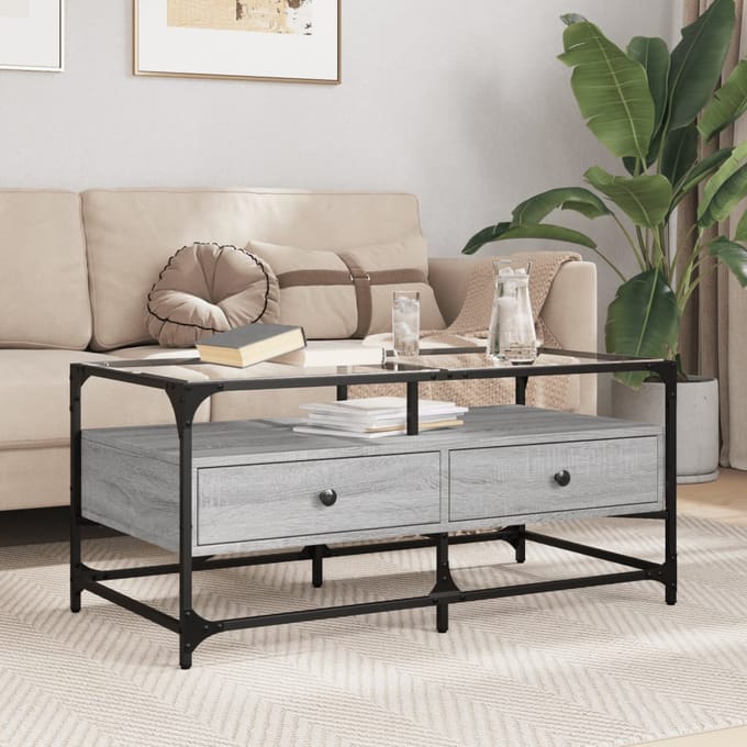 vidaXL - Salontafel - met - glazen - blad - 98,5x50x45 - cm - staal