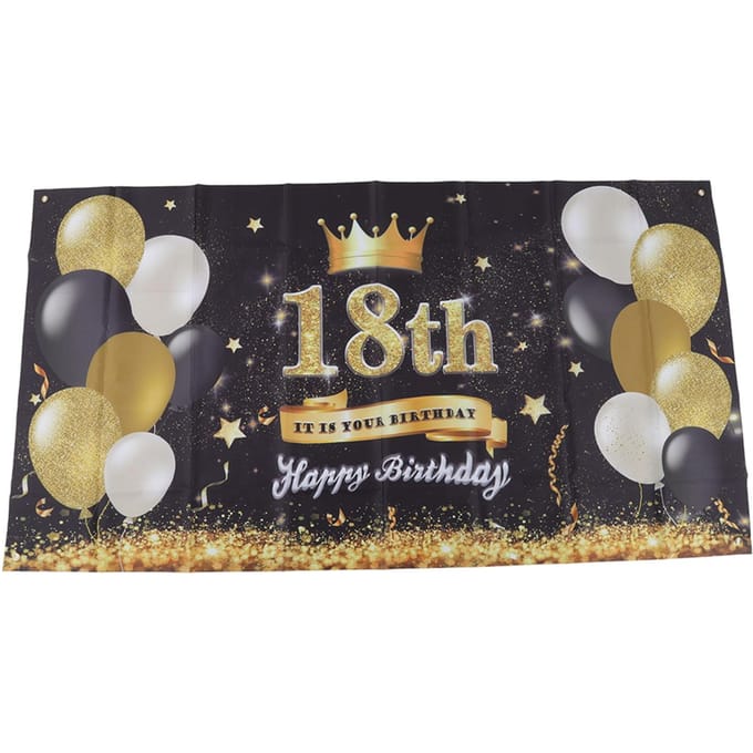 Fijne 18e Verjaardag Achtergrond Zwart Goud 180x99cm Herbruikbare Fijne Verjaardag Decoraties met 4 black