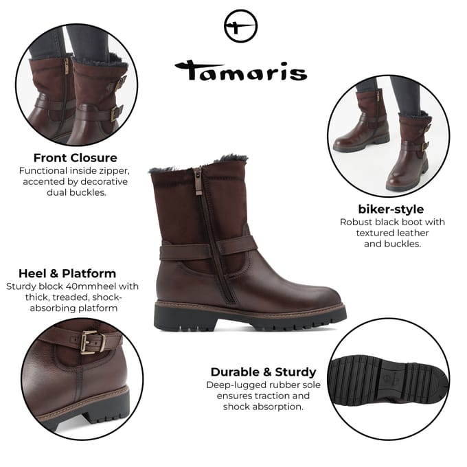 Tamaris Dames Winter Mocca Bruine Leren Gesp Rits Biker Enkellaarsjes