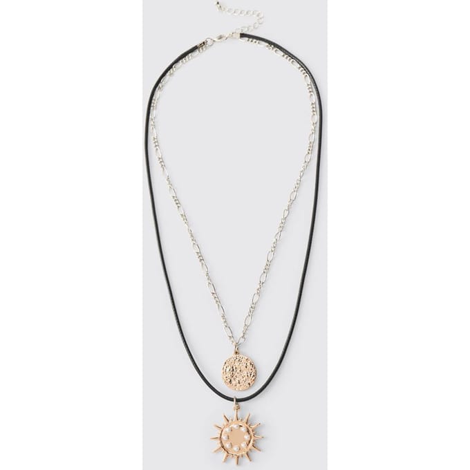 Double-Layered Necklace with Sunburst and Medallion | Gold