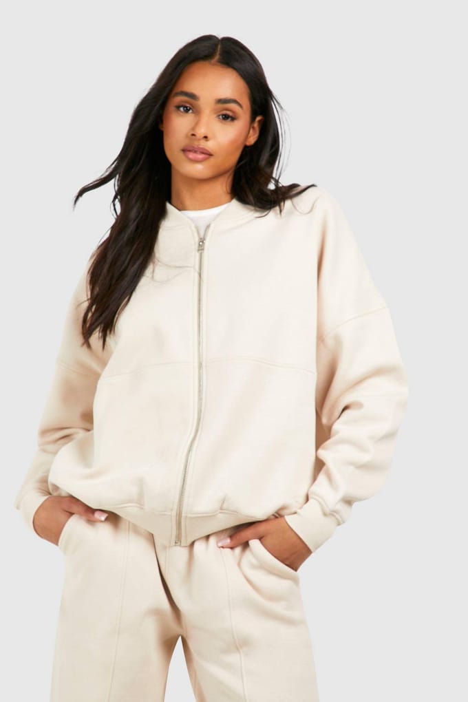 boohoo Dames Tall Zip Through Bomber Straight Leg Trainingspak | Cream | Maat: 18