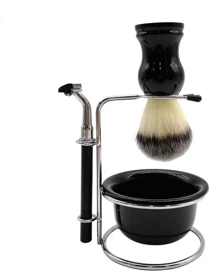 4-in-1 Heren Scheerset - scheerkwast- scheermes-RVS houder- cadeautip