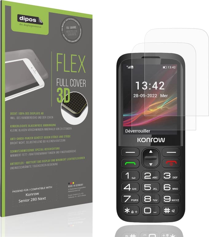 dipos FLEX – 2x Matte Screenprotector geschikt voor Konrow Senior 280 Next | Volledige Schermbescherming | Case-Friendly