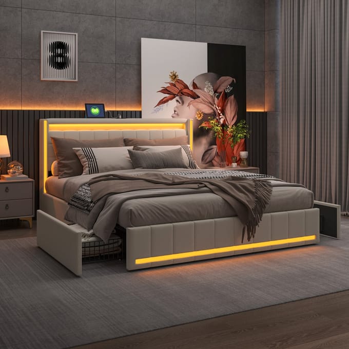Tweepersoonsbed 160x200 cm met Opbergruimte, LED & USB – Beige
