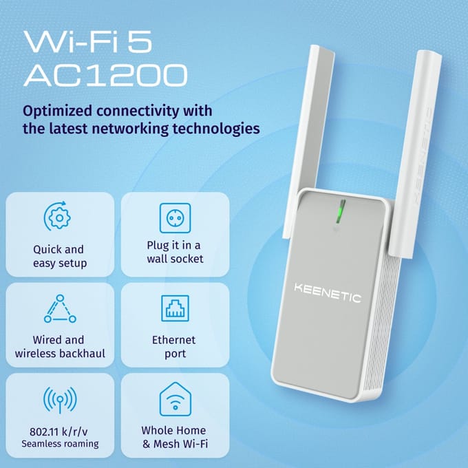 KEENETIC - Buddy 5 - (KN-3311) - AC1200 - Wi-Fi Extender - Mesh - 1 poort - 100 Mbit/s,