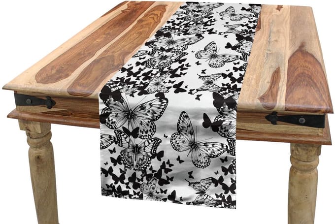 ABAKUHAUS Zwart-Wit Tafelloper – Vlindersmotief – 40×225 cm