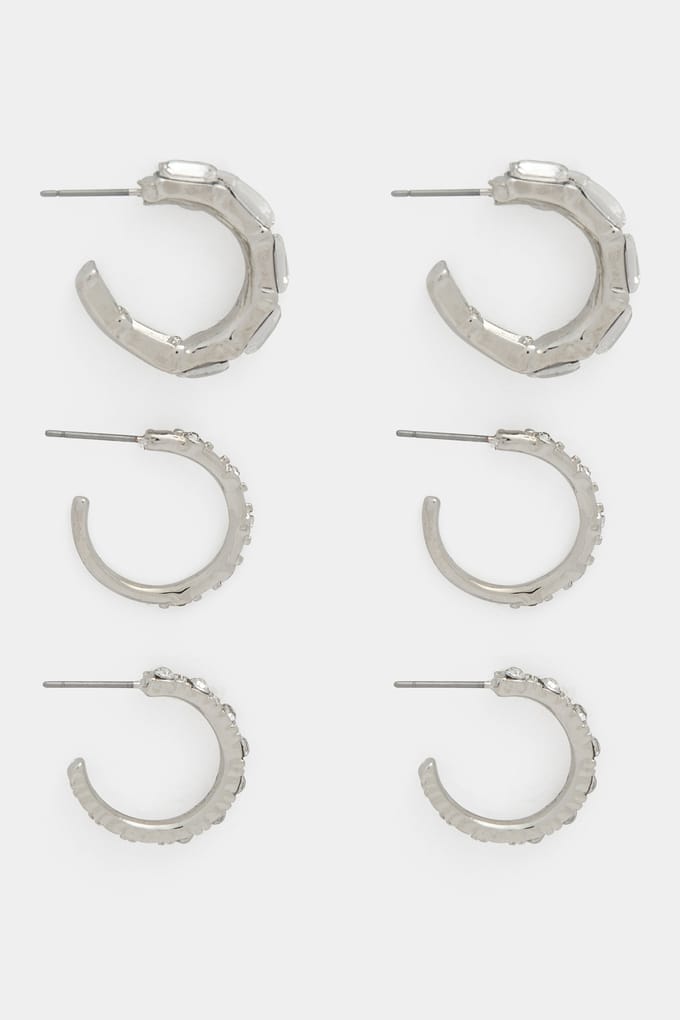 Yours Yourset 3Pack Zilverkleurige Diamante Versierde Hoepeloorbellensize One Size