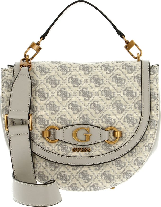 GUESS Schoudertas Izzy Flap Saddle Bag Dove Logo Beige