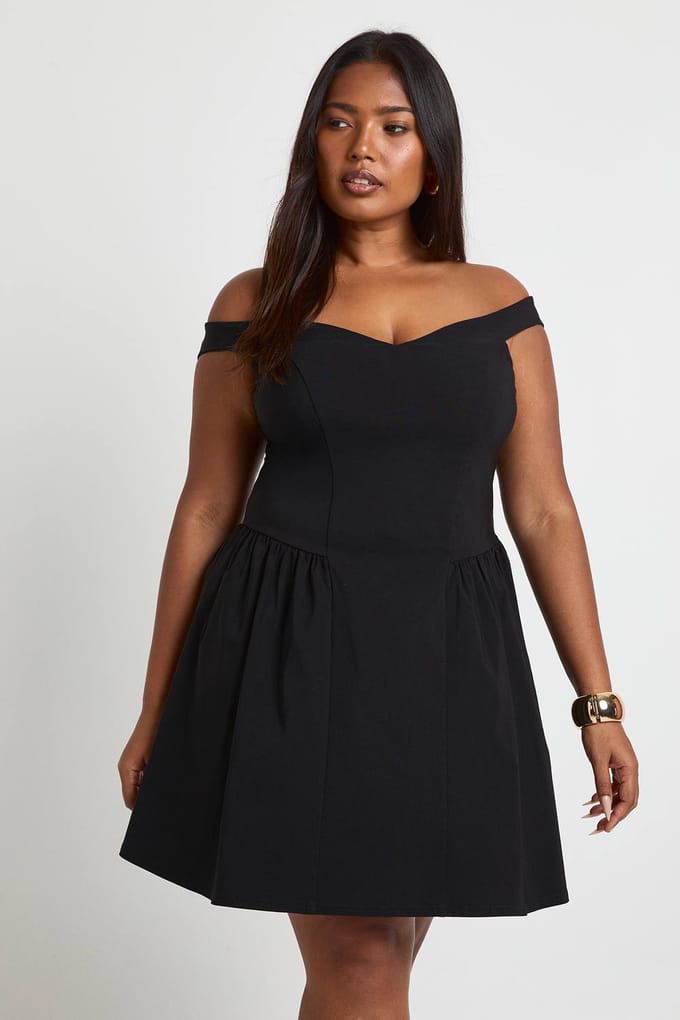 boohoo Dames Plus Bengaline Bardot Skaterjurk | Black | Maat: 24