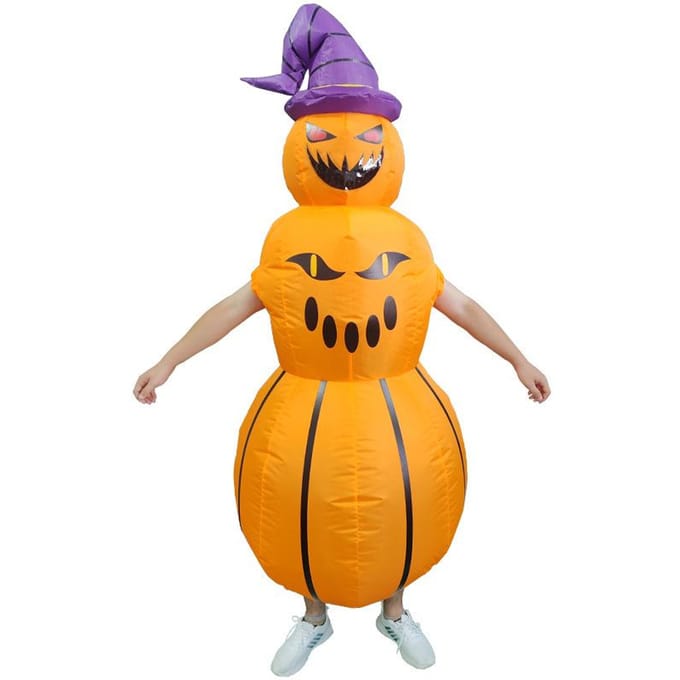 Paars-gehoedde Pompoenman Opblaasbaar Kostuum 150-190cm oranje