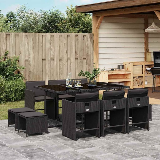vidaXL - 11-delige - Tuinset - met - kussens - poly - rattan - zwart