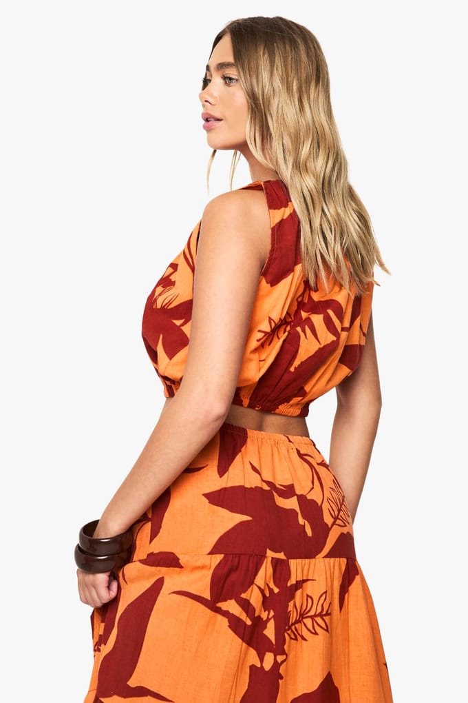 boohoo Dames Abstract Bloemen Puffball Linnen Top | Oranje | Maat: 34