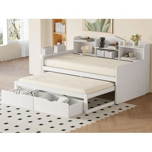 ModernLuxe Houten slaapbank 90x200cm - met uitschuifbed 90x190cm en 2 lades - met USB-aansluiting - Wit