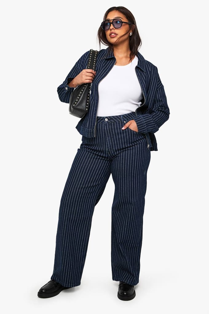 boohoo Dames Plus Stripe Denim Jas met kraag | Indigo | Maat: 50