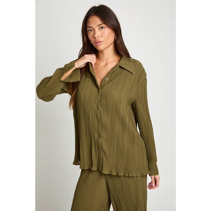 boohoo Dames Plisse Oversized Shirt | Olive | Maat: 6