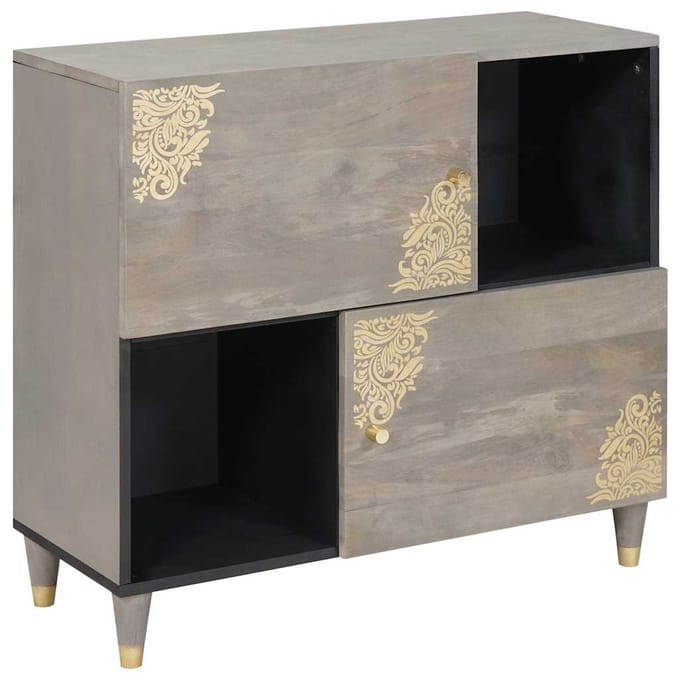 vidaXL - Dressoir - Grijs - en - Goud - 80 - x - 33 - x - 75 - cm - Massief - Mango - Hout