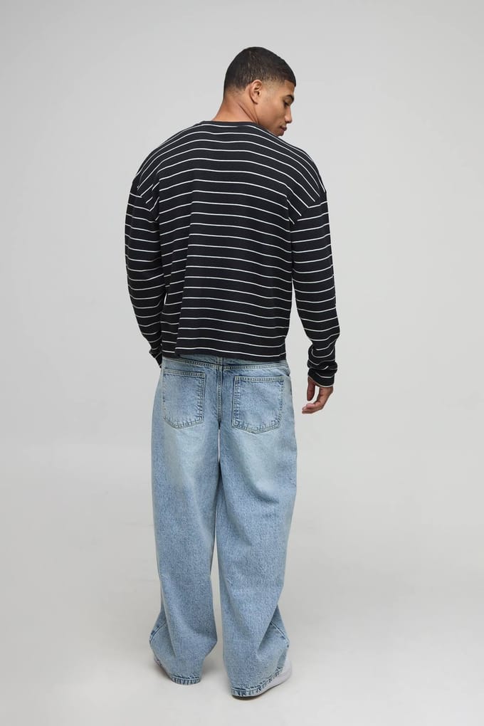 Oversized Gestreept Zwaargewicht Lange Mouw Wafel T-Shirt | Black | Size XL