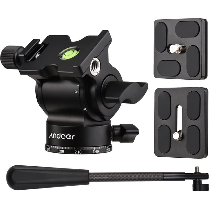 Andoer Compact Camera Video Fluid Head Pan Tilt Statiefkop Panorama Balhoofd Statiefbevestiging Aluminium zwart