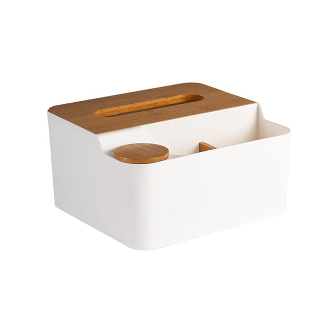 Multifunctionele Tissuebox Plastic Houten Deksel Desktop Tissuebox Organizer voor Woonkamer Slaapkamer wit