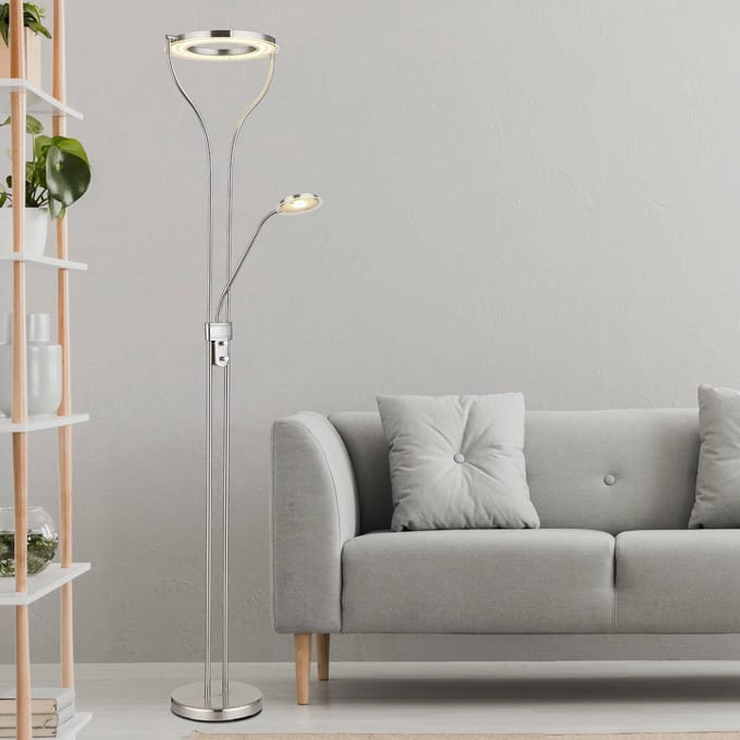 Globo LED vloerlamp Ebro, hoogte 194 cm, nikkelkleurig, 2-lamps.