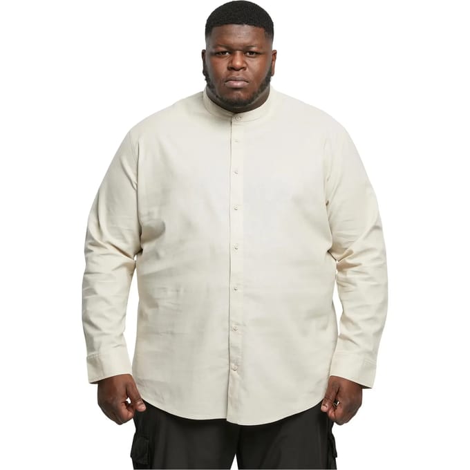 Urban Classics - Cotton Linen Stand Up Collar Overhemd - L - Groen