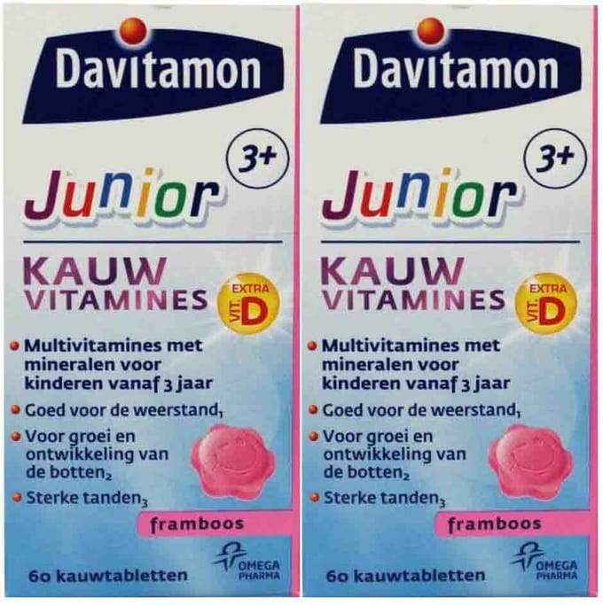 Davitamon - Junior 3+ Kauwvitamines Framboos - 2 x 60 kauwtabletten - Voordeelverpakking