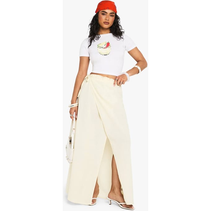 boohoo Dames Linnenlook Tie Waist Wrap Maxi Rok | Stone | Maat: 6