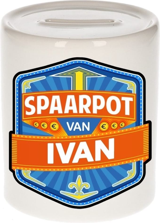 Bellatio Decorations Kinder spaarpot met naam - Ivan - keramiek - met dop - wit - Sparen - Spaargeld van Ivan