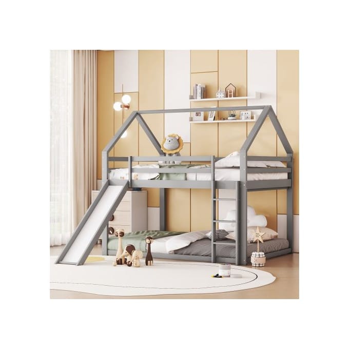 Stapelbed - MUVOE - 140x200 cm - Grijs - Glijbaan - Verwisselbare ladder grijs
