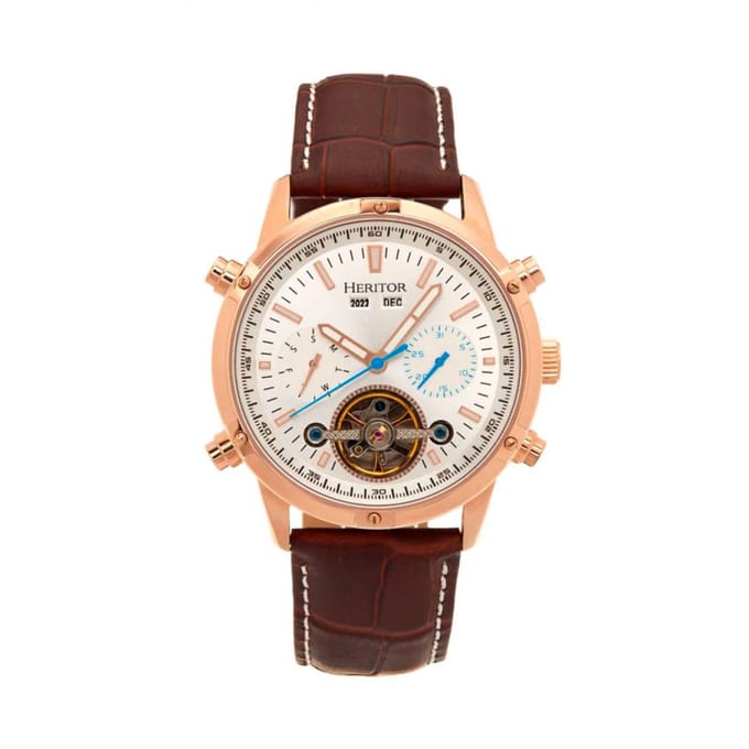 Heritor Automatic Wilhelm Semi-Skelet leren band horloge met dag/datum - bruin/roségoud