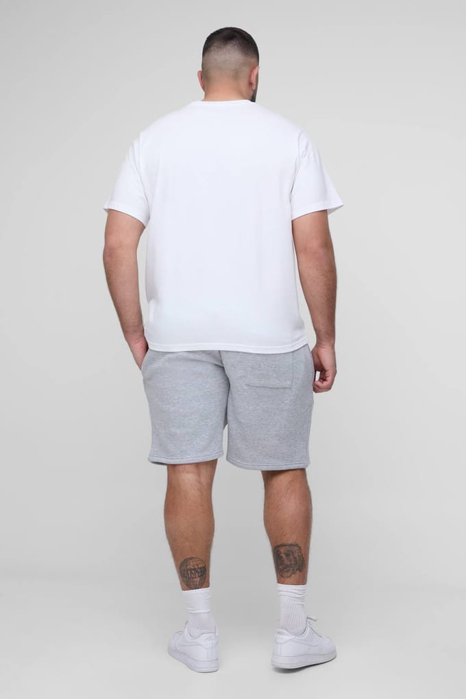Plus Regular Men's OFCL Geborduurd T-Shirt & Relaxed Jersey Short Set | Grey Marl | Size 2XL