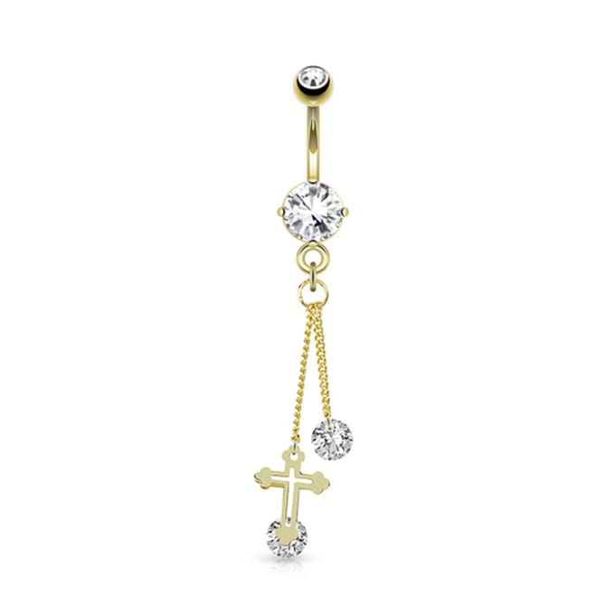 Navelpiercing kruis met lange hanger CZ steen - goud - LMPiercings