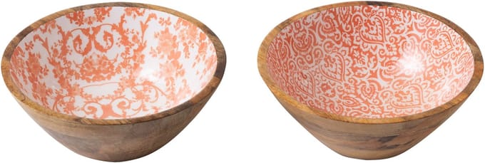 J-Line schaal - hout - wit/oranje - medium - set van 2