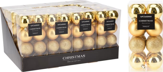 Kerstbal onbreekbaar goud 5 cm 16 stuks decoratie set.
