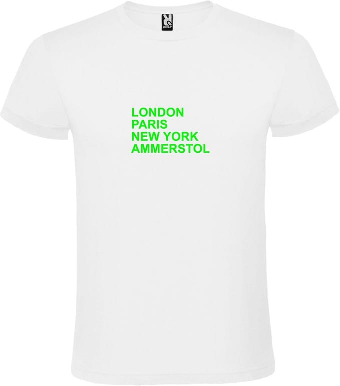 Wit T-Shirt met “ LONDON, PARIS, NEW YORK, AMMERSTOL “ Afbeelding Neon Groen Size S