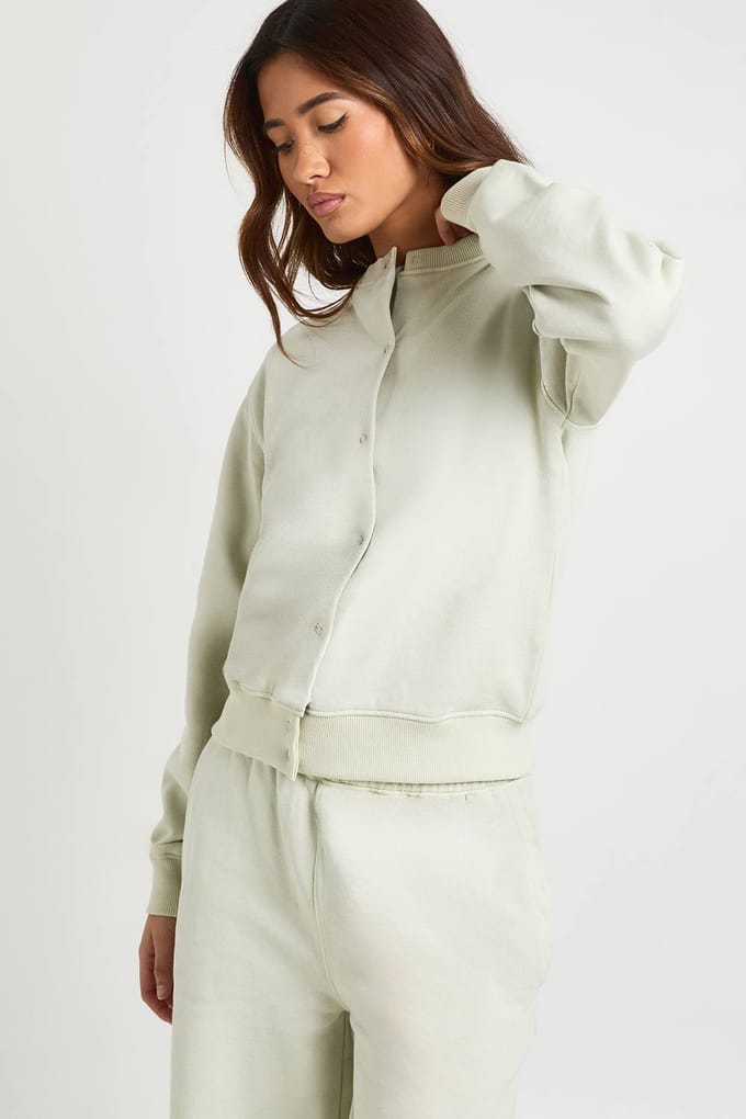 boohoo Dames Gewassen Popper Bomber Sweatshirt Wijde Pijpen Trainingspak | Steen | Maat: Medium
