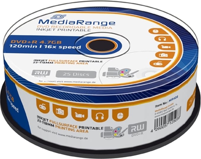 MediaRange MR408 4.7GB DVD+R 25stuk(s) lege dvd