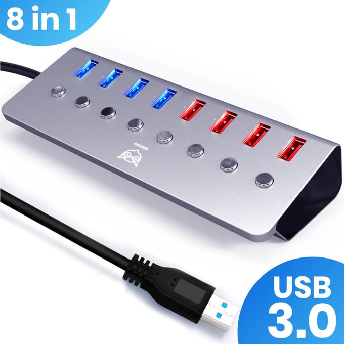Good2know USB hub 3.0 – USB splitter – 8 poorten – 5 Gbps – Led indicator – Aan/Uit knop – 100CM Kabel – Aluminium Behuizing